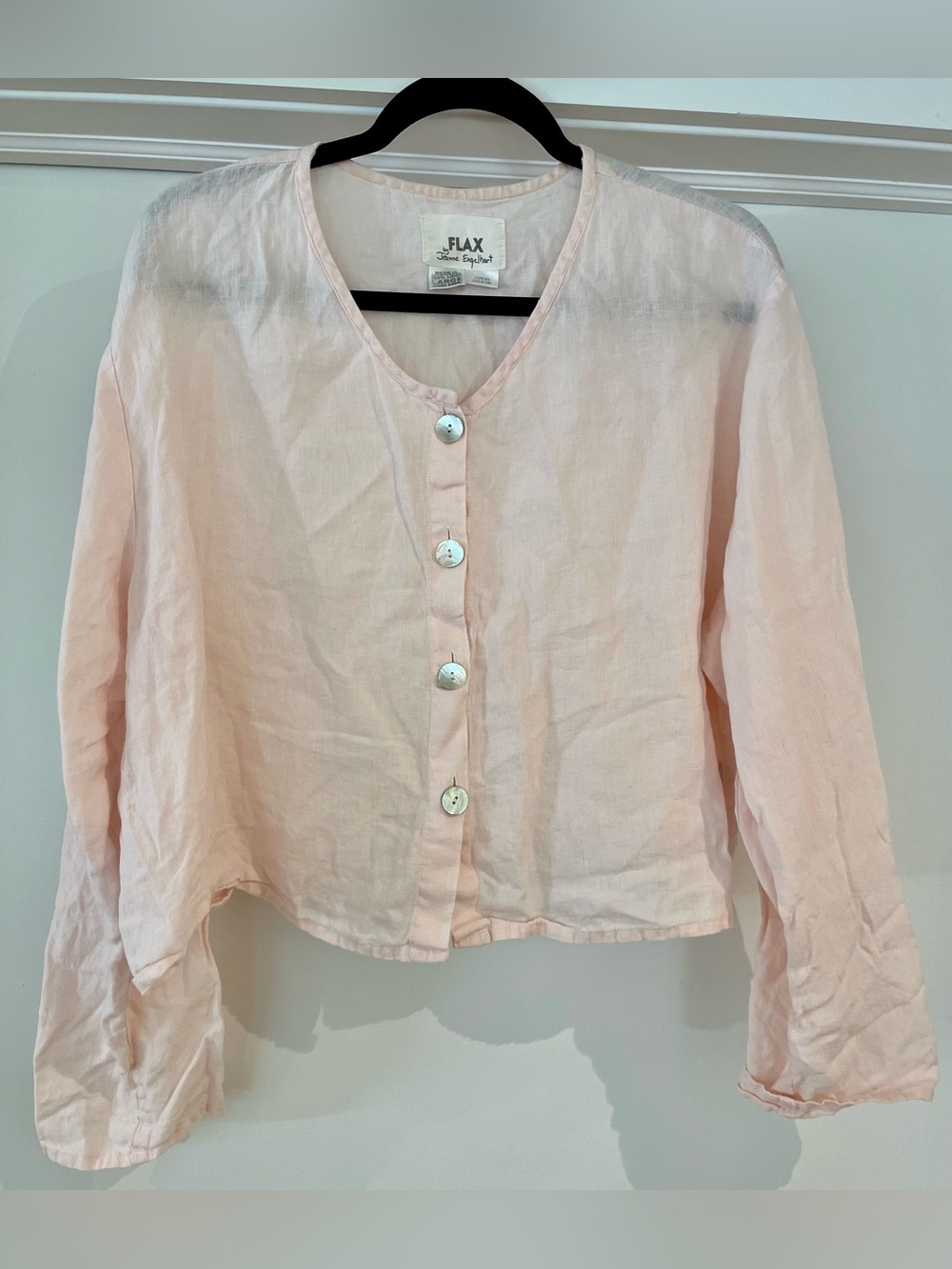 FLAX Jeanne Engelhart Blush Pink 100% Linen Button Front Jacket Top L